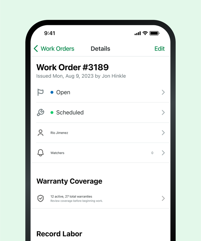 Example of active warranties on a work order in Fleetio Go