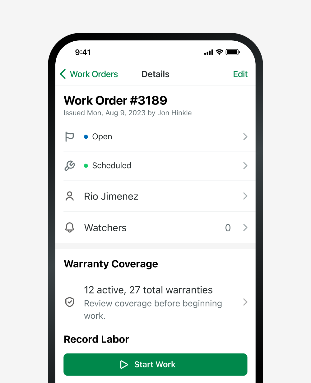 Example of active warranties on a work order in Fleetio Go