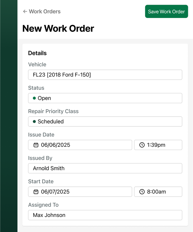 Creating a new work order in Fleetio's fleet management software