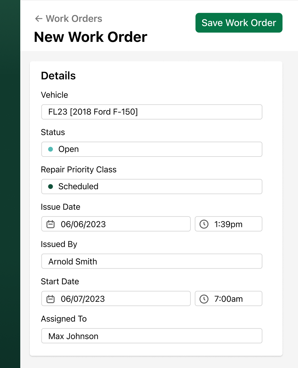 Creating a new work order in Fleetio's fleet management software