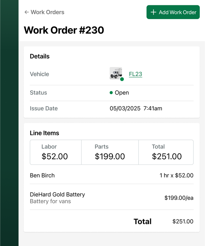 Creating a new work order in Fleetio's fleet management software