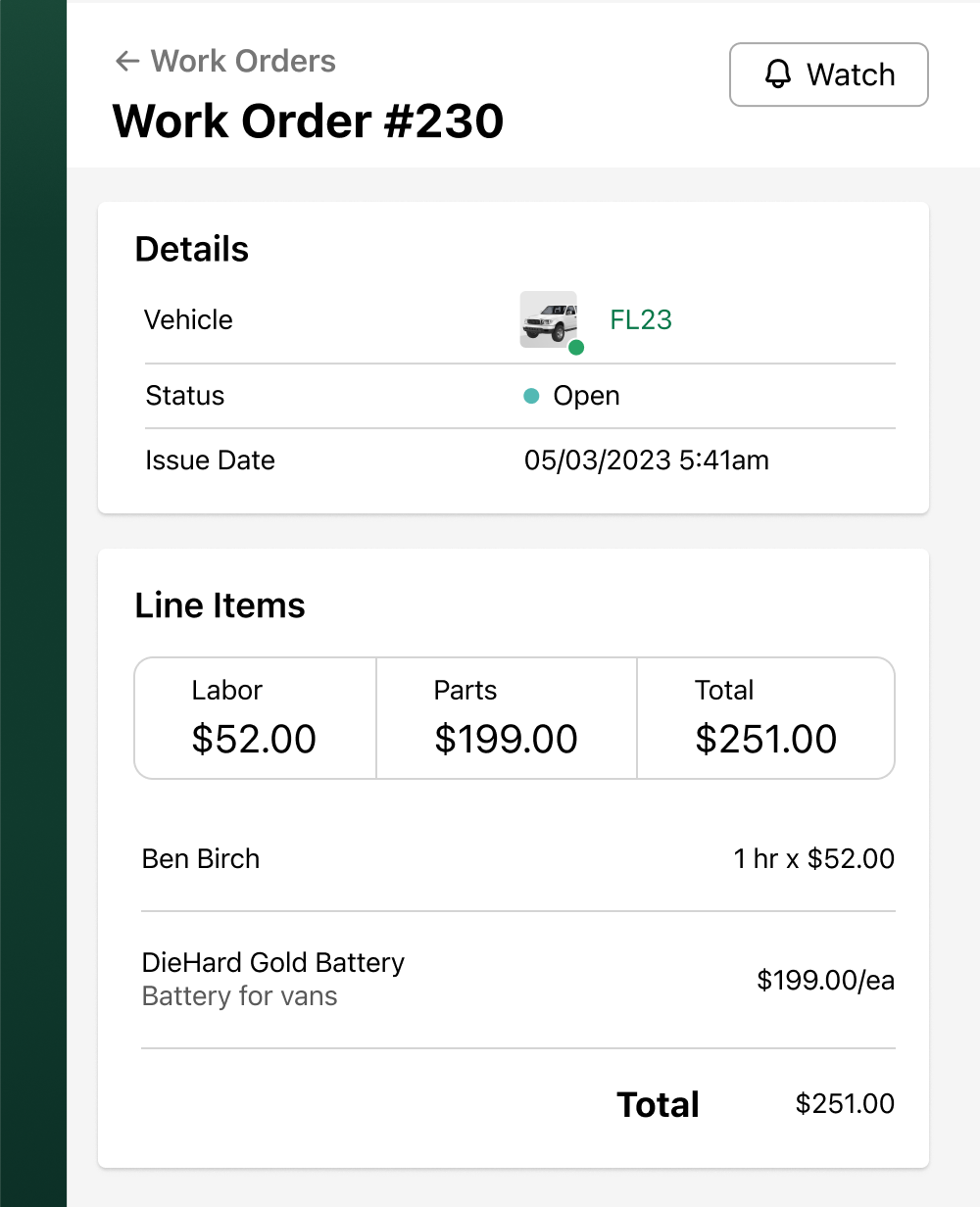 Creating a new work order in Fleetio's fleet management software
