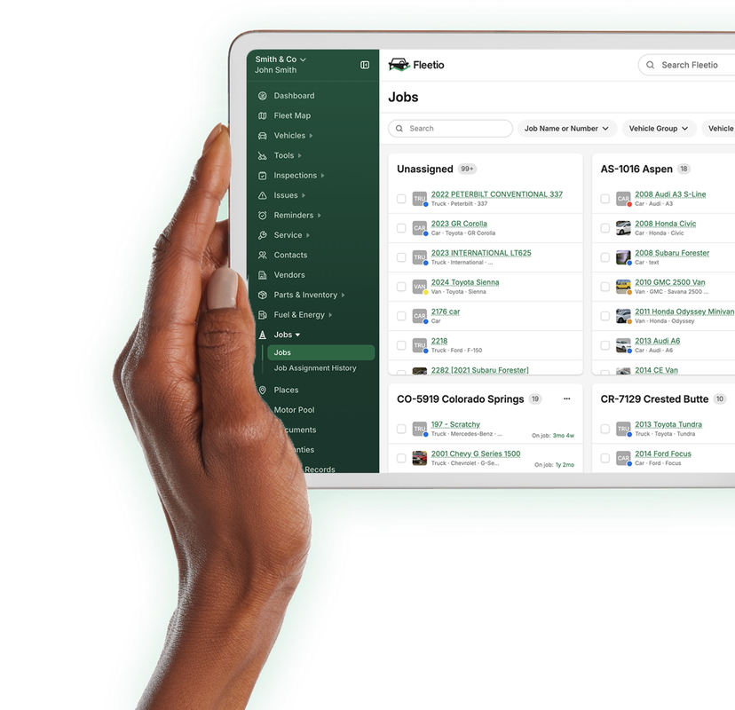 Fleetio construction asset management software displaying a vehicle list.