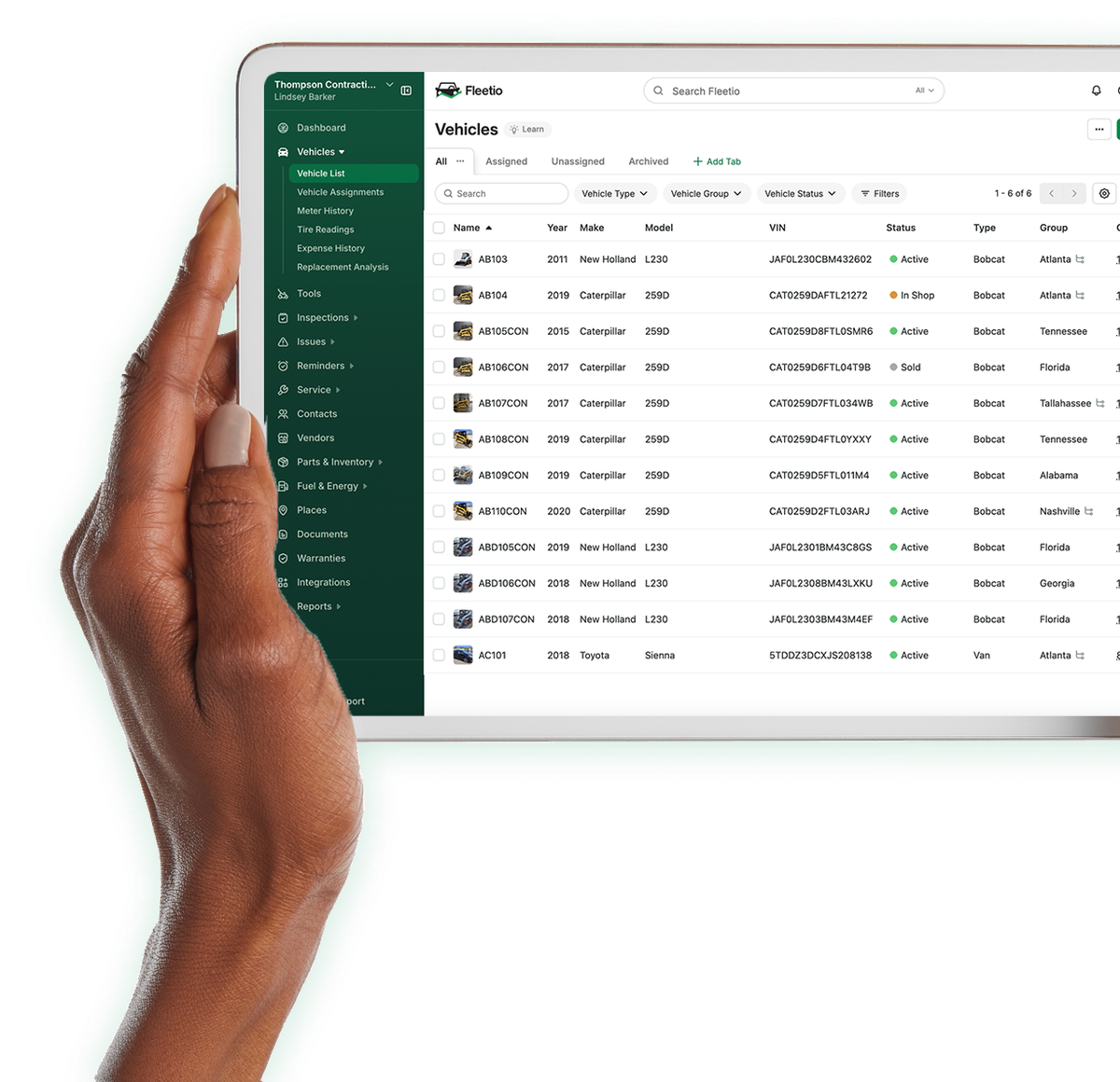 Fleetio construction asset management software displaying a vehicle list.