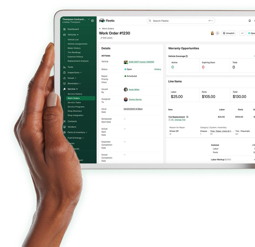 Fleetio construction asset management software displaying a work order.
