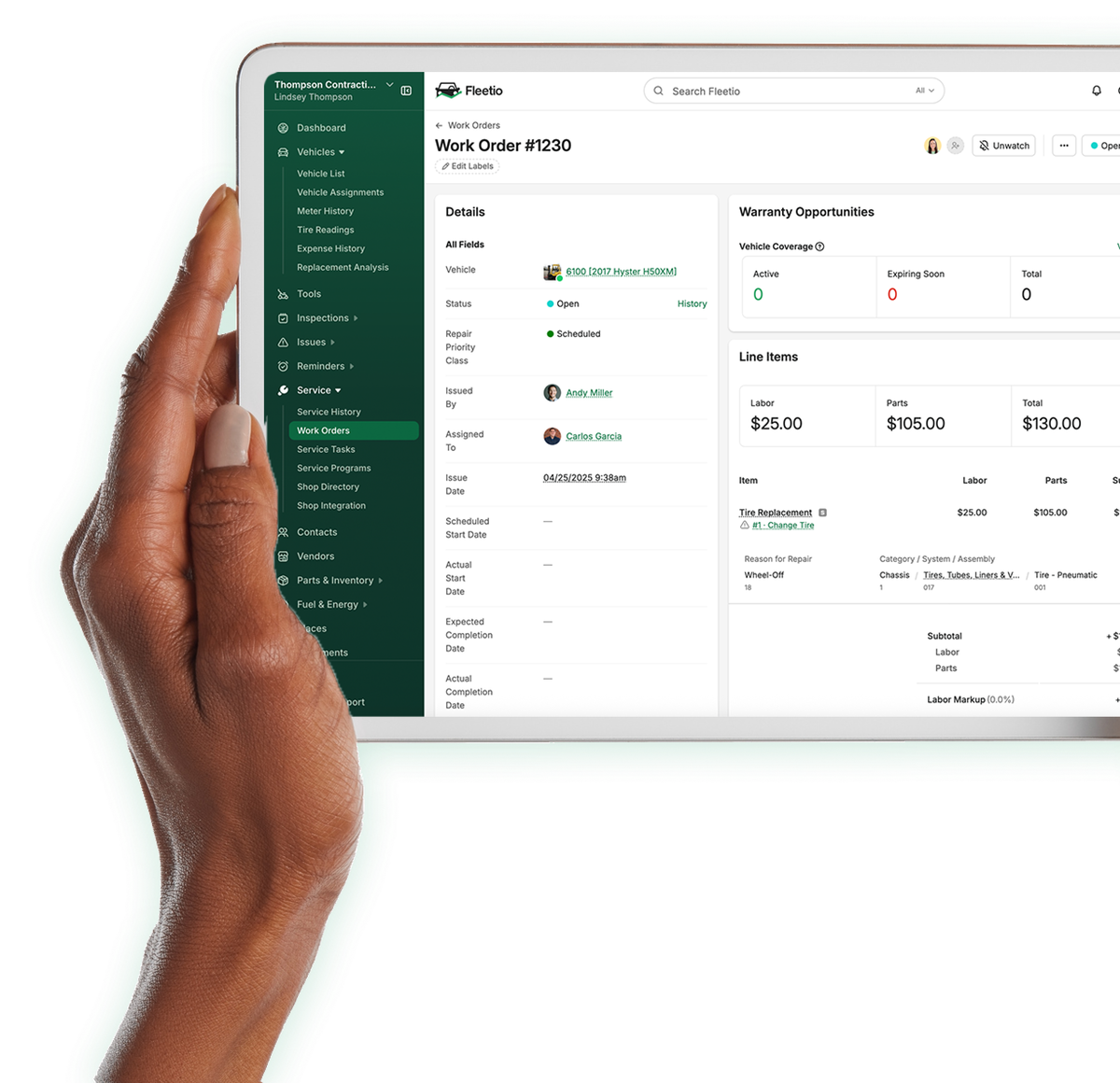 Fleetio construction asset management software displaying a work order.