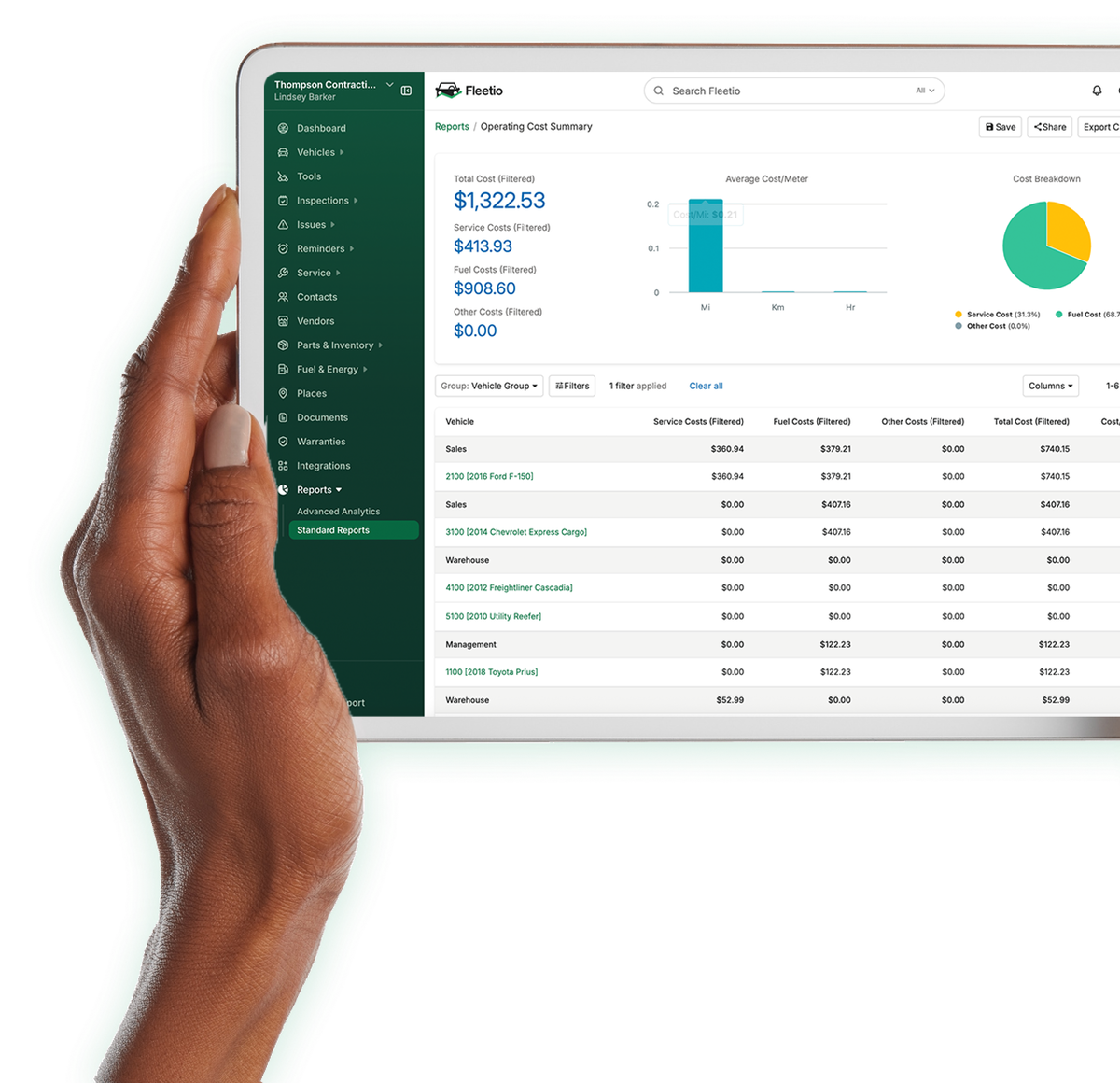 Fleetio construction asset management software displaying an operating cost summary for heavy equipment and vehicles.
