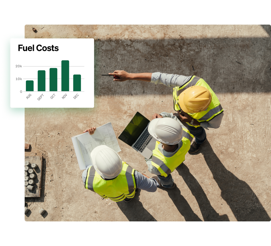 Fleetio construction management software showing a fuel cost chart as team members monitor a job site.