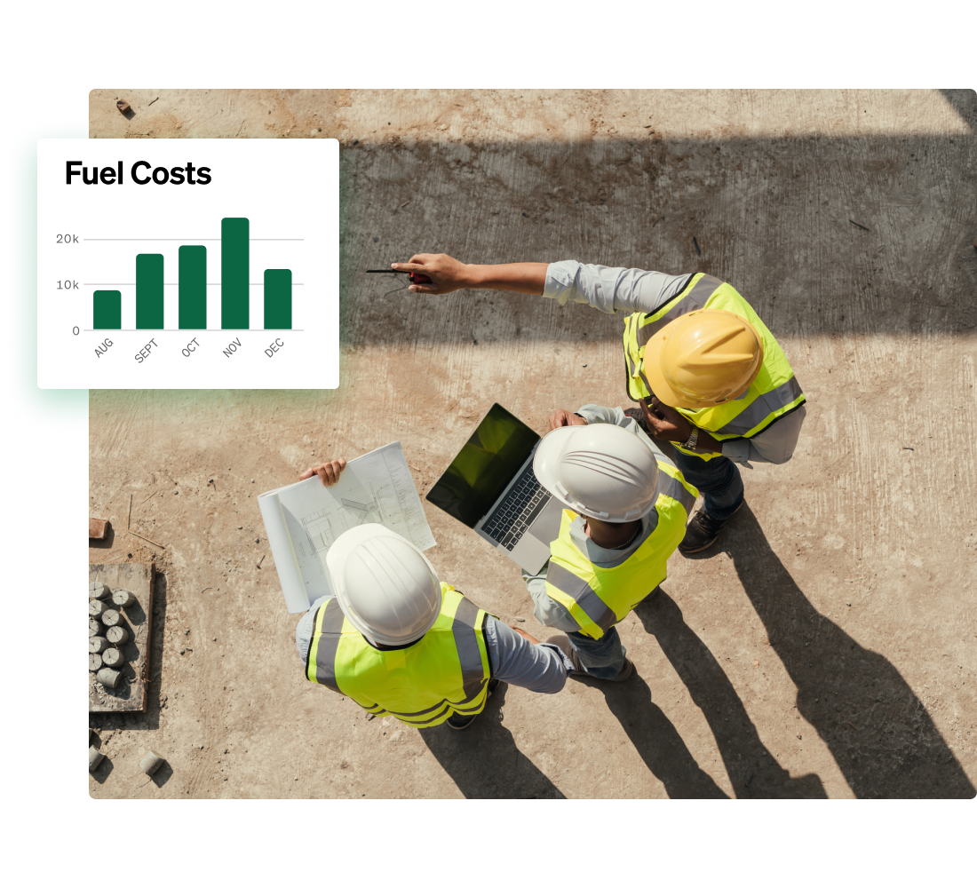 Fleetio construction management software showing a fuel cost chart as team members monitor a job site.