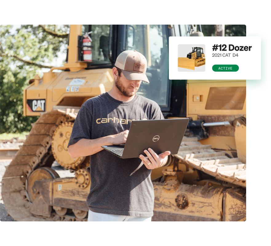Checking a bulldozer's maintenance status in Fleetio's construction equipment management platform.