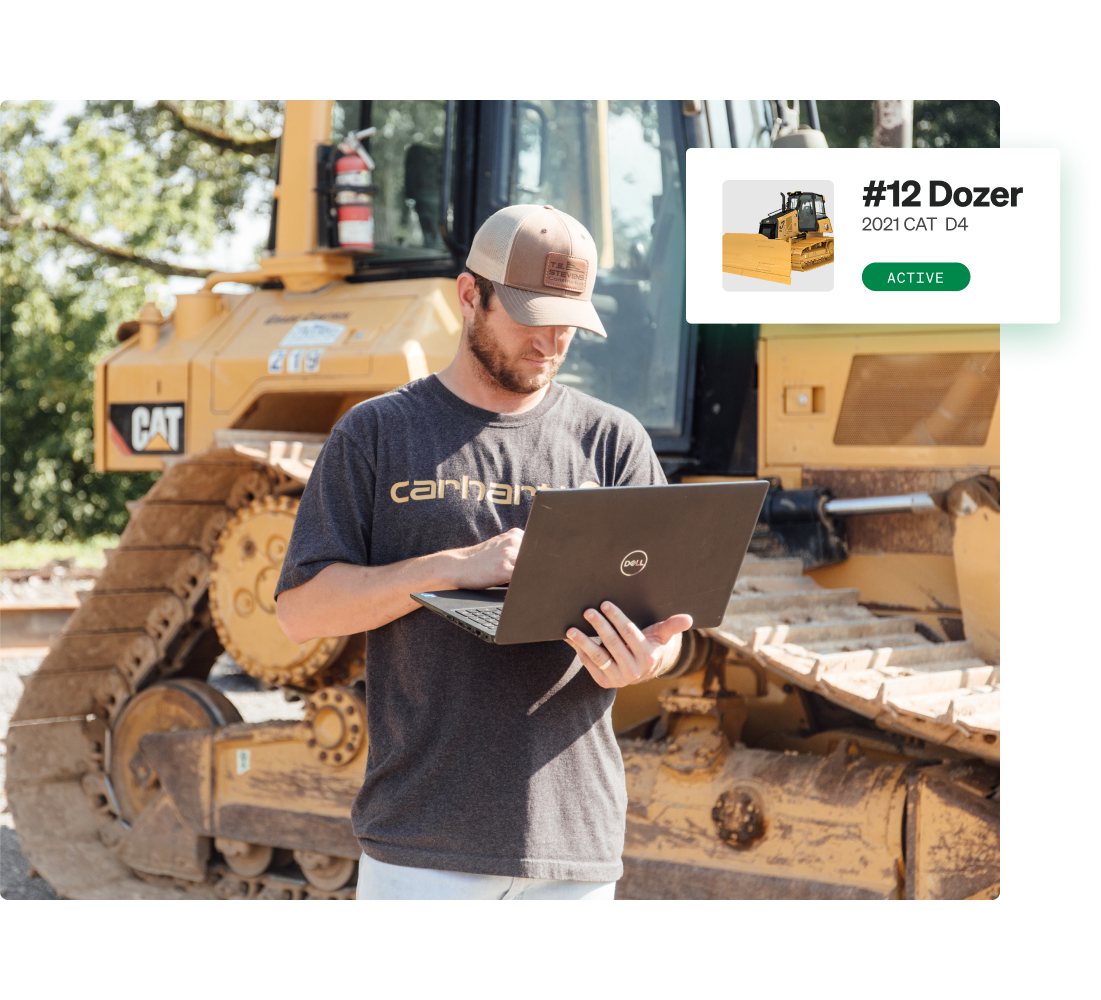Checking a bulldozer's maintenance status in Fleetio's construction equipment management platform.