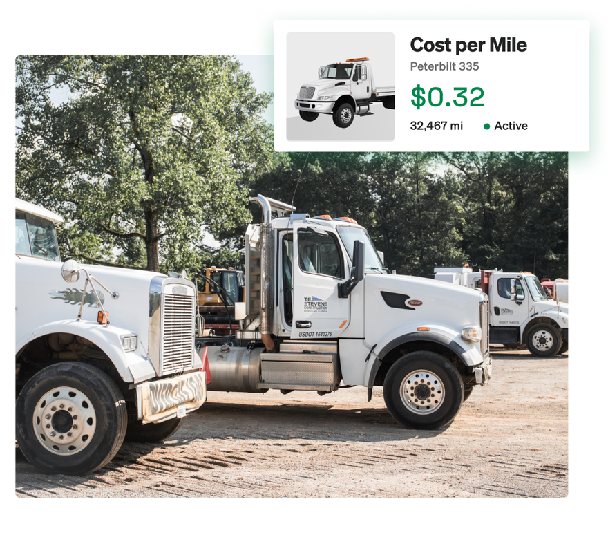 Fleetio cost tracking dashboard showing cost per mile for a Peterbilt medium-duty truck with a trailer.