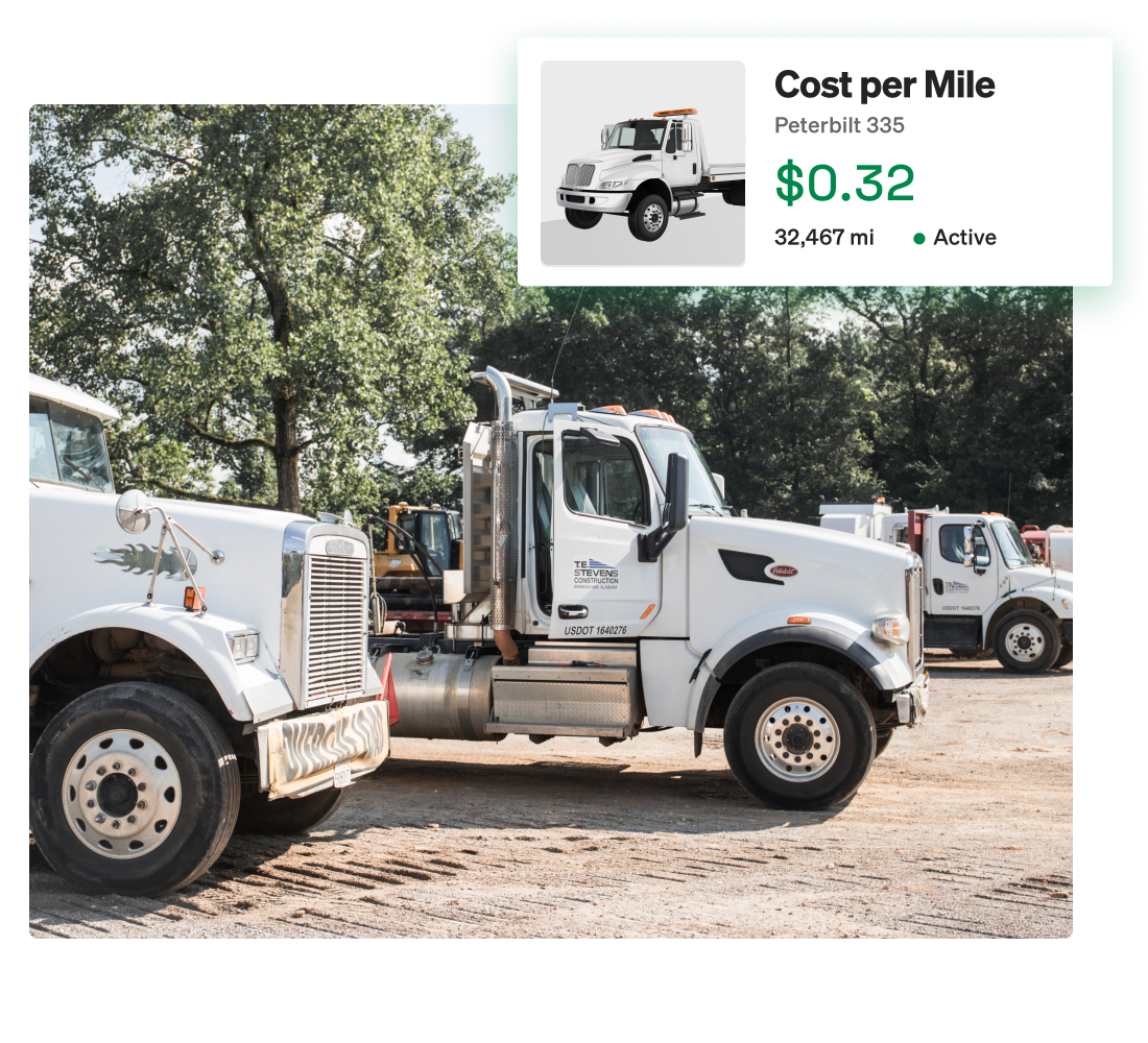Fleetio cost tracking dashboard showing cost per mile for a Peterbilt medium-duty truck with a trailer.