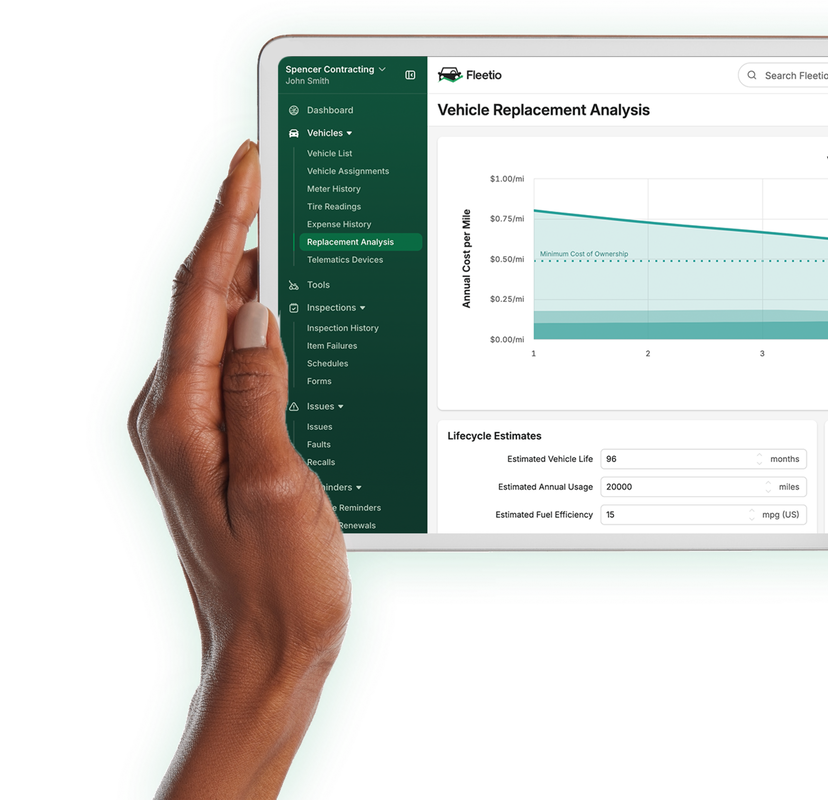 Fleetio government asset management software displaying a vehicle replacement analysis report.