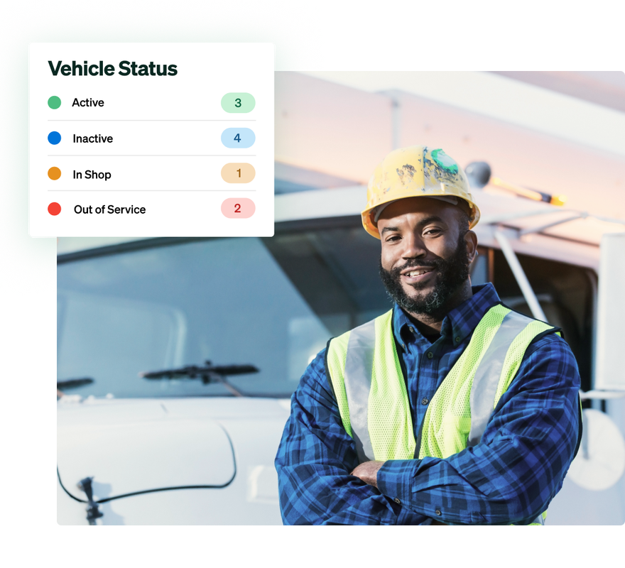 An employee standing in front of a government fleet vehicle.