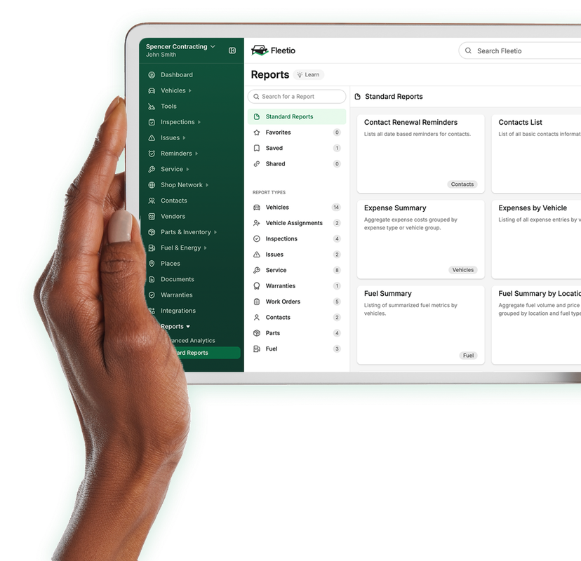 Fleetio service provider management software displaying a list of standard reports.