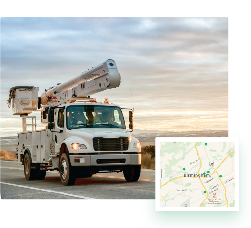 A bucket truck on the road.