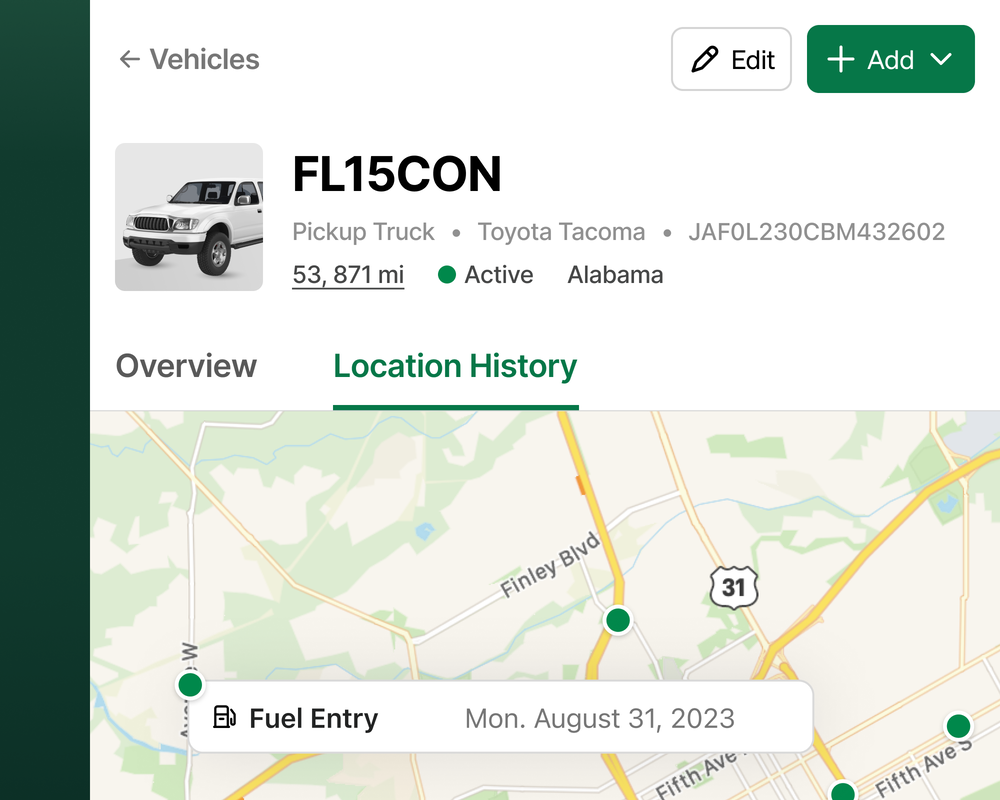Location history of a vehicle in Fleetio