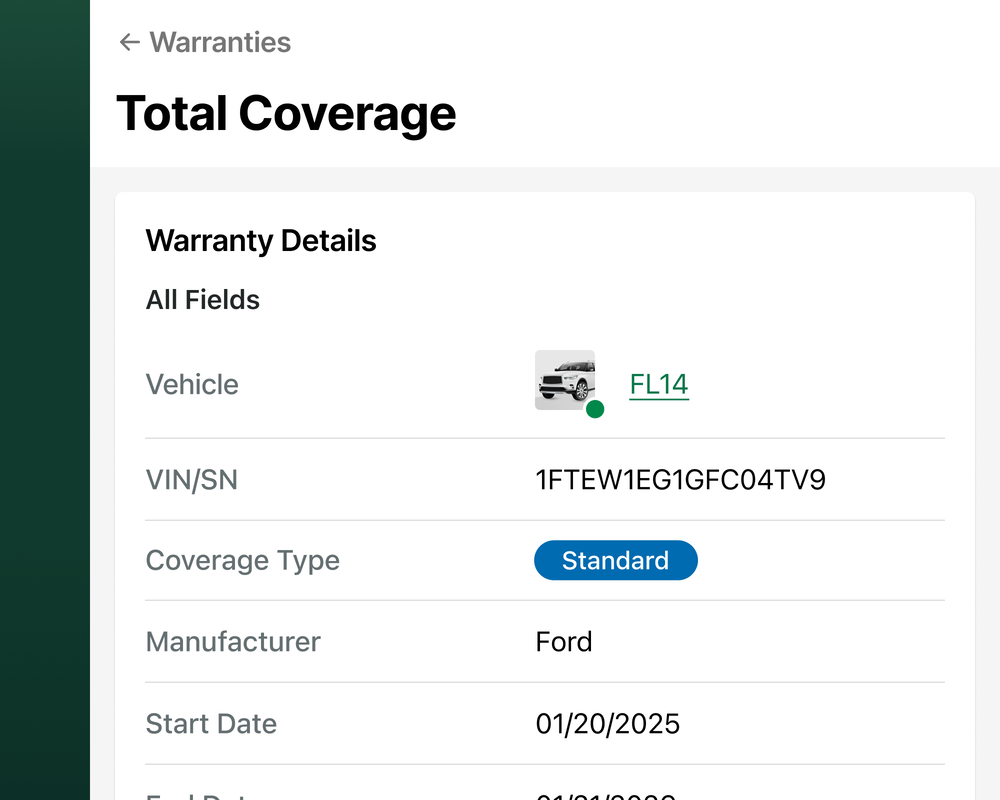 Warranty detail coverage in Fleetio