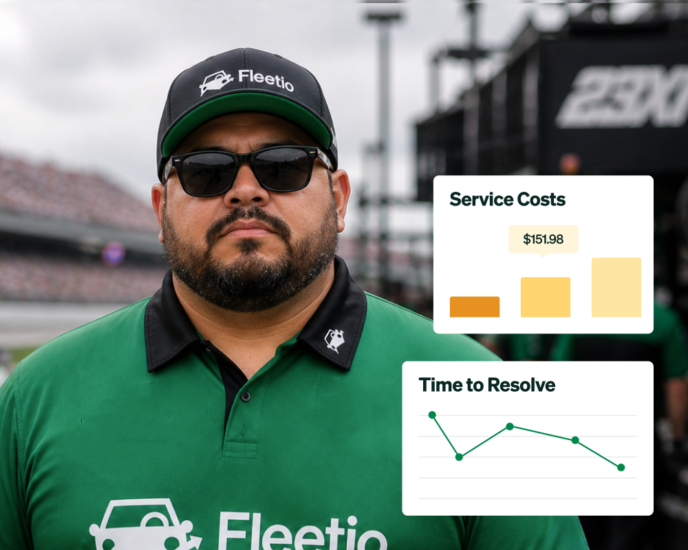 Image of a pit crew member with fleetio service cost and time to resolve insights