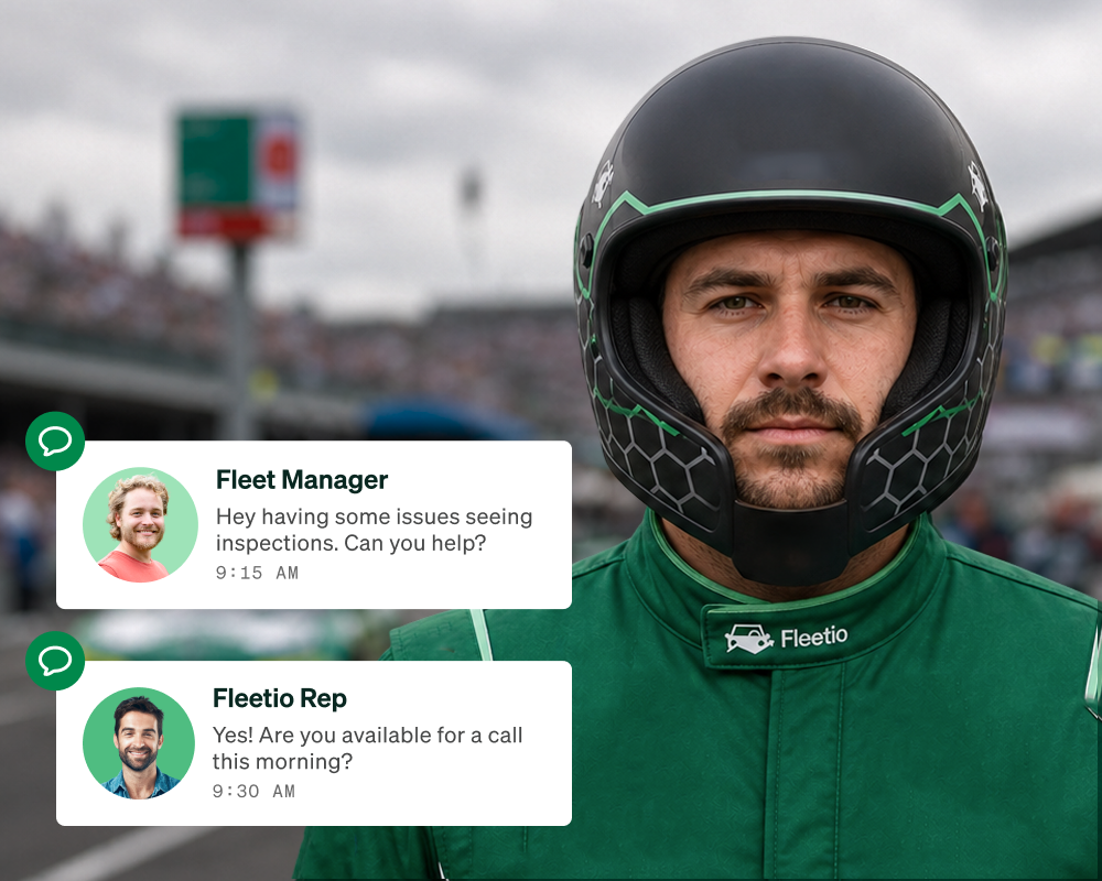 A pit crew member with messages from a fleet manager and a Fleetio representative