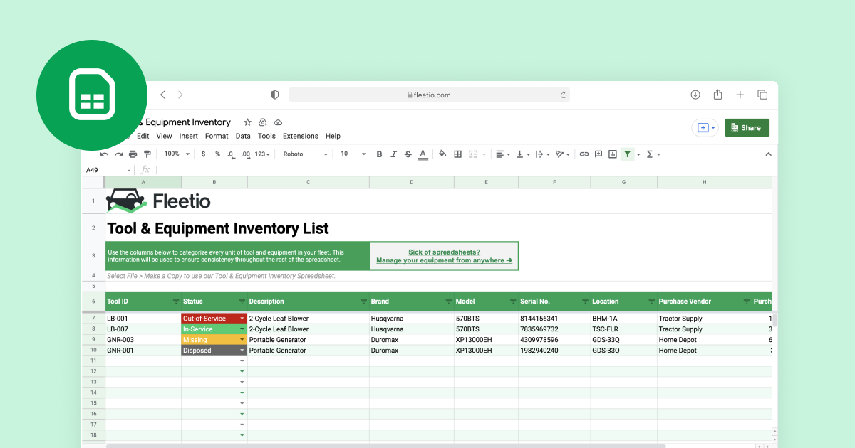 Tool & Equipment Inventory Spreadsheet