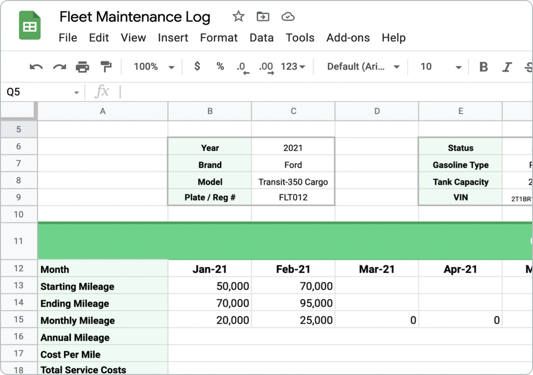 Screenshot of a free downloadable fleet maintenance log spreadsheet template for tracking vehicle service history, upcoming tasks, and maintenance records.