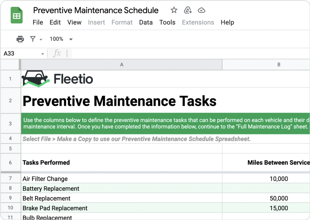 Screenshot of a free downloadable preventive maintenance schedule spreadsheet template for planning, scheduling, and tracking fleet maintenance tasks.