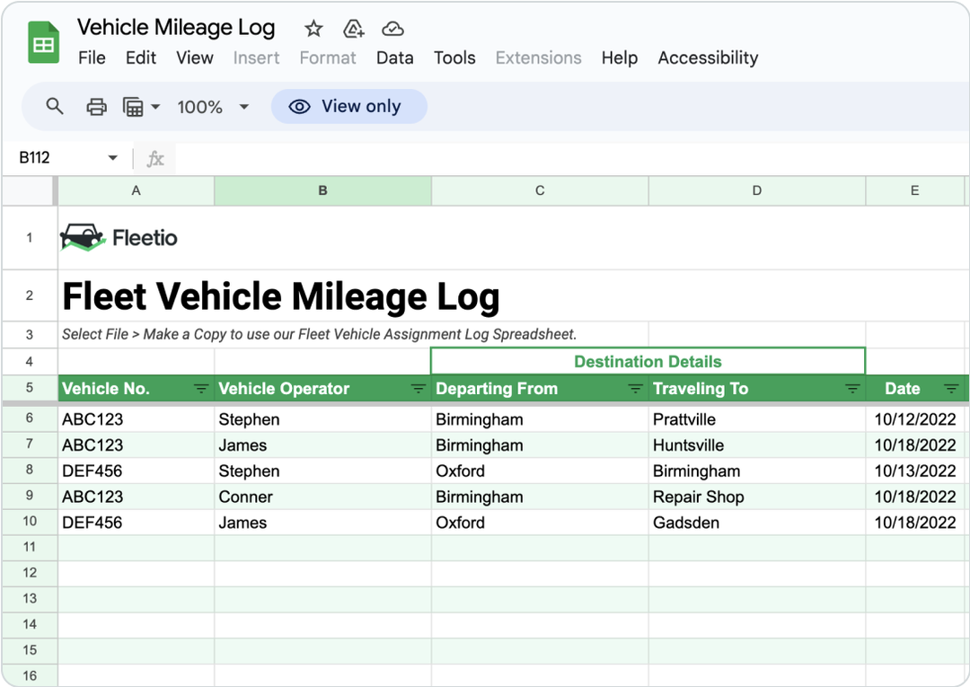 Screenshot of the mileage log template in Excel showing fields for date, driver, start location, end location, total miles, and trip purpose