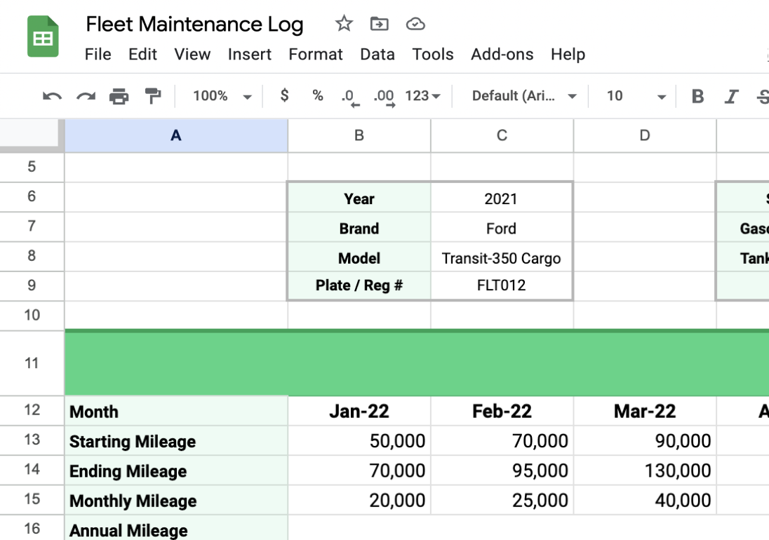 Example of cost per mile on fleet maintenance log spreadsheet