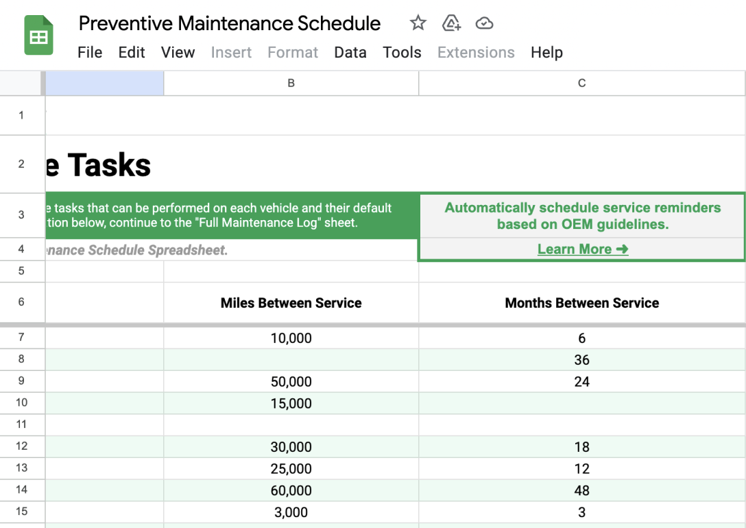 Example of customized service intervals on preventive maintenance schedule spreadsheet