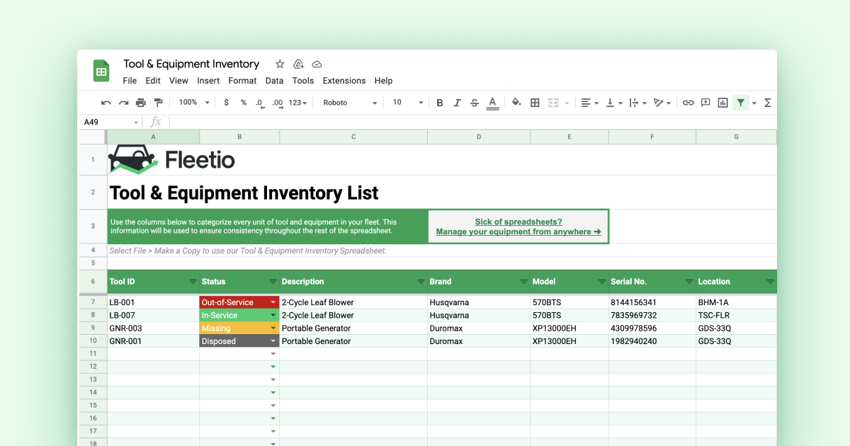 Tool & Equipment Inventory Spreadsheet