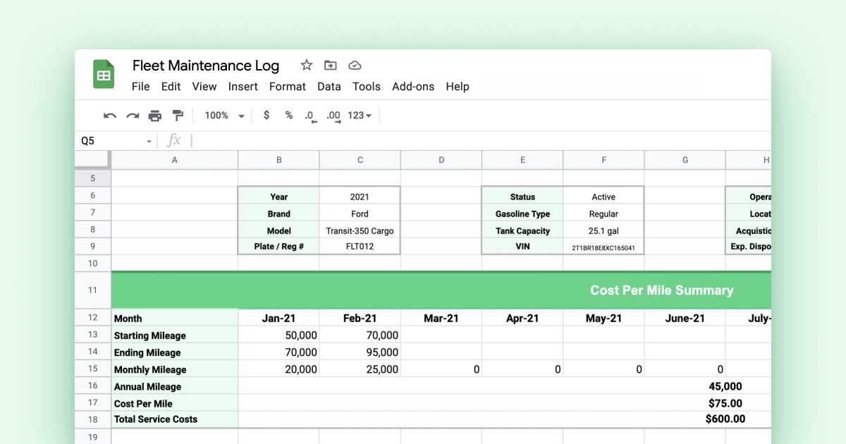 Fleet Maintenance Spreadsheet