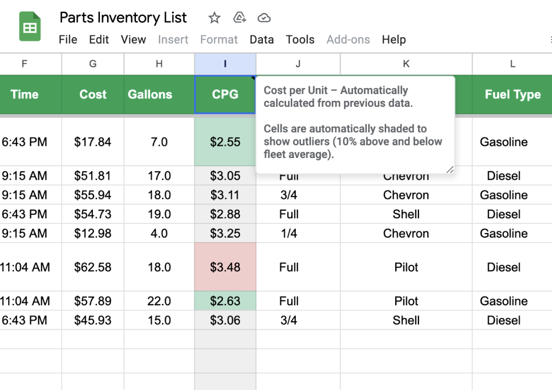 Example of fuel purchase exception alerts on fuel log spreadsheet