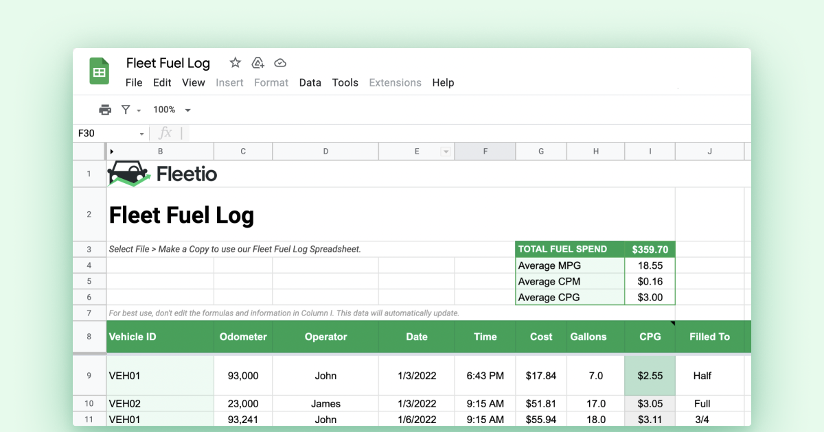 Fuel Log Spreadsheet
