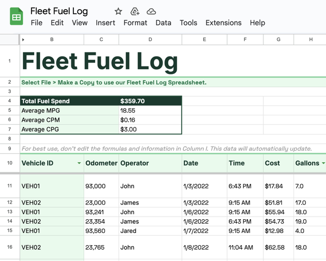 Free Fuel Log Spreadsheet Template - Fleetio
