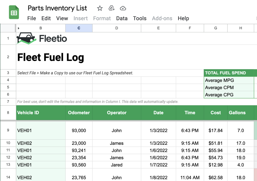 Example of fuel purchase history on fuel log spreadsheet