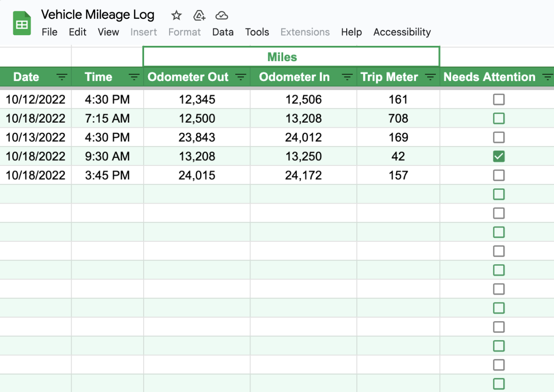 Close-up of data validation dropdowns in the mileage log template to reduce entry errors