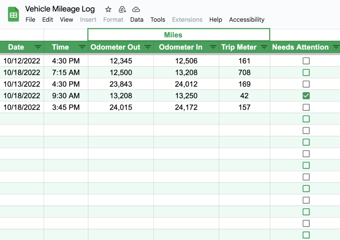Example of mileage entries on vehicle mileage log spreadsheet