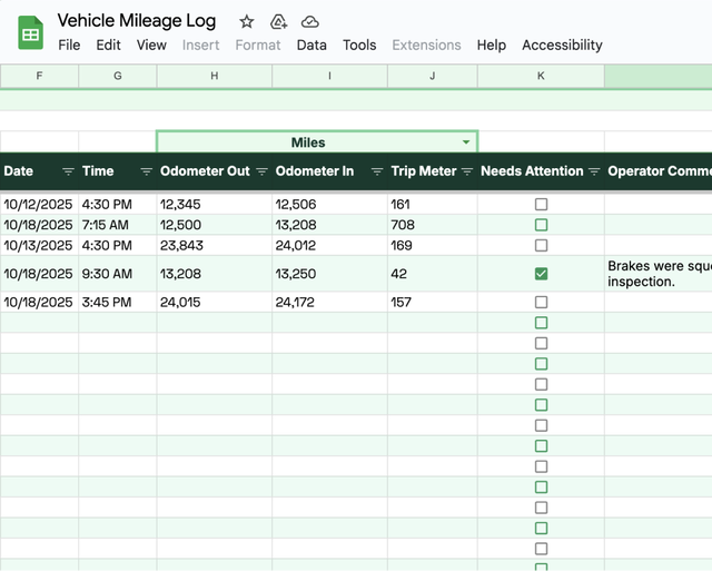 Screenshot of our free mileage log spreadsheet template.