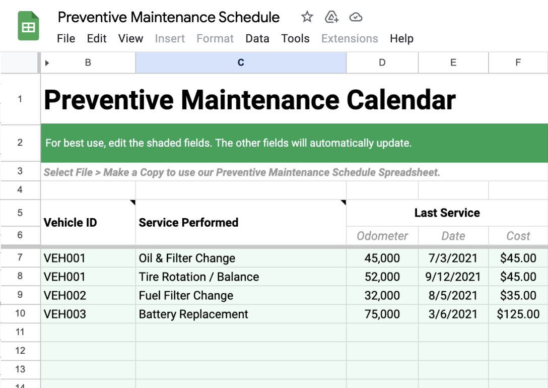 Example of log of all performed maintenance on preventive maintenance schedule spreadsheet