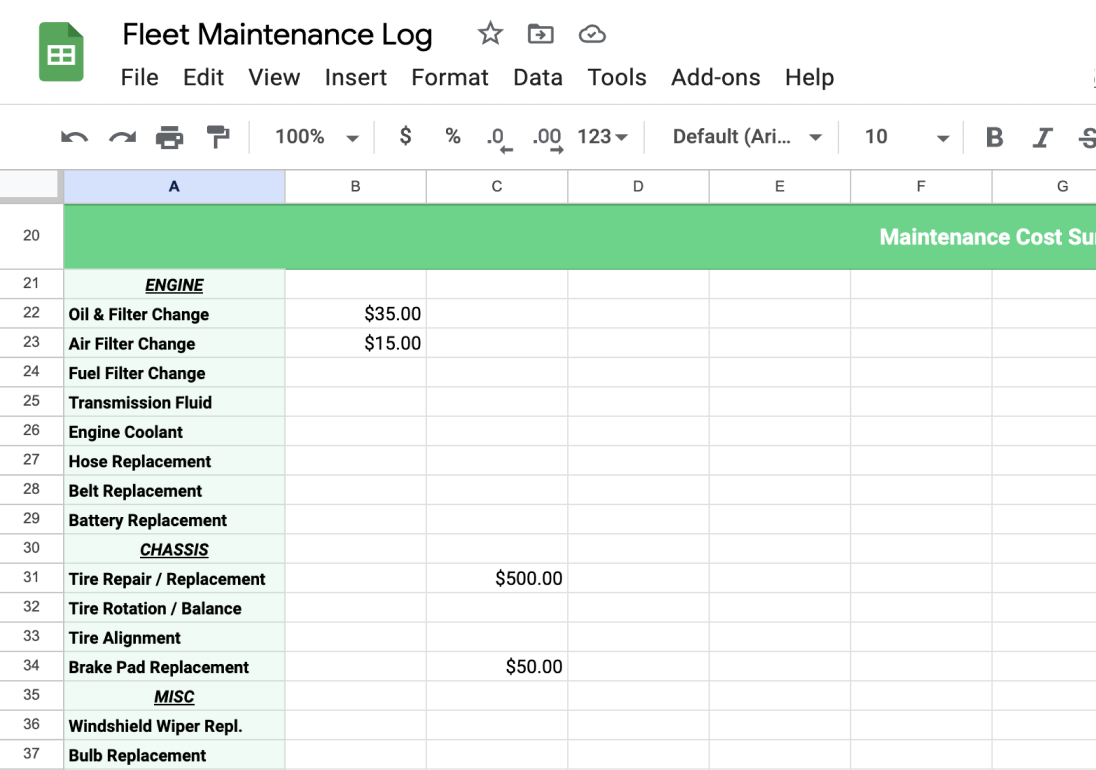 Example of maintenance costs on fleet maintenance log spreadsheet