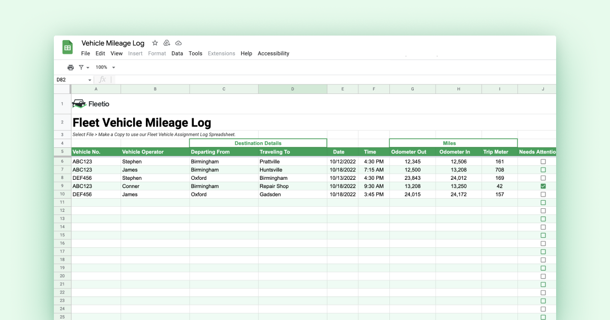 Vehicle Mileage Log Spreadsheet