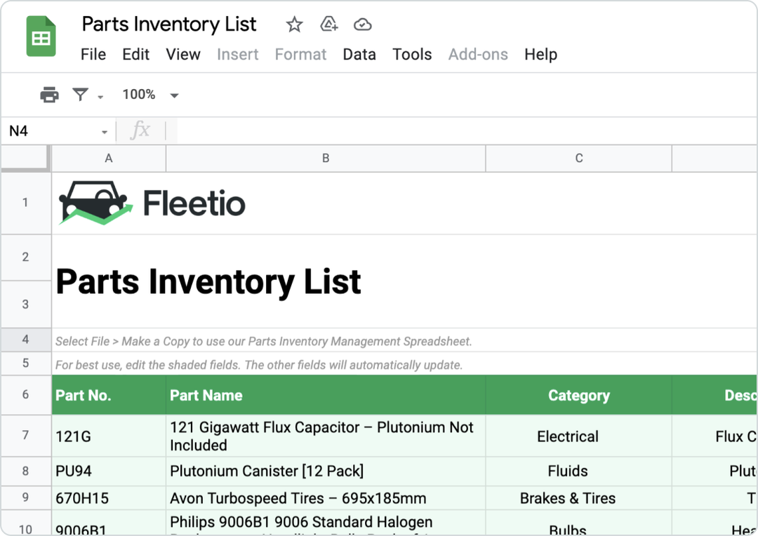 Screenshot of a free downloadable parts inventory management spreadsheet template for tracking parts inventory levels, usage, and restocking needs for fleet maintenance.