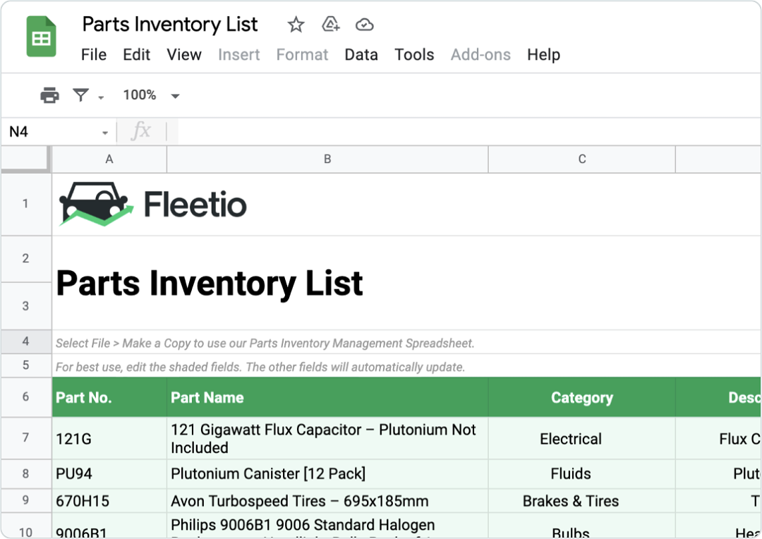 Parts Inventory Management Spreadsheet