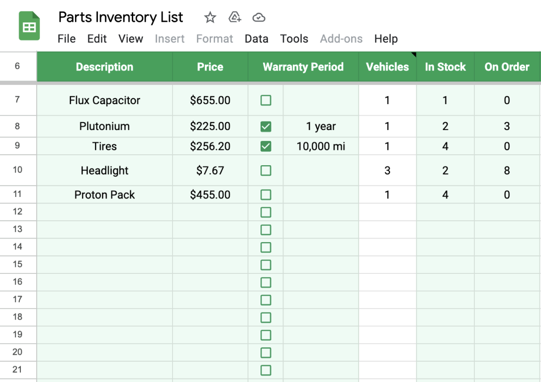 Example of parts in stock on parts inventory spreadsheet