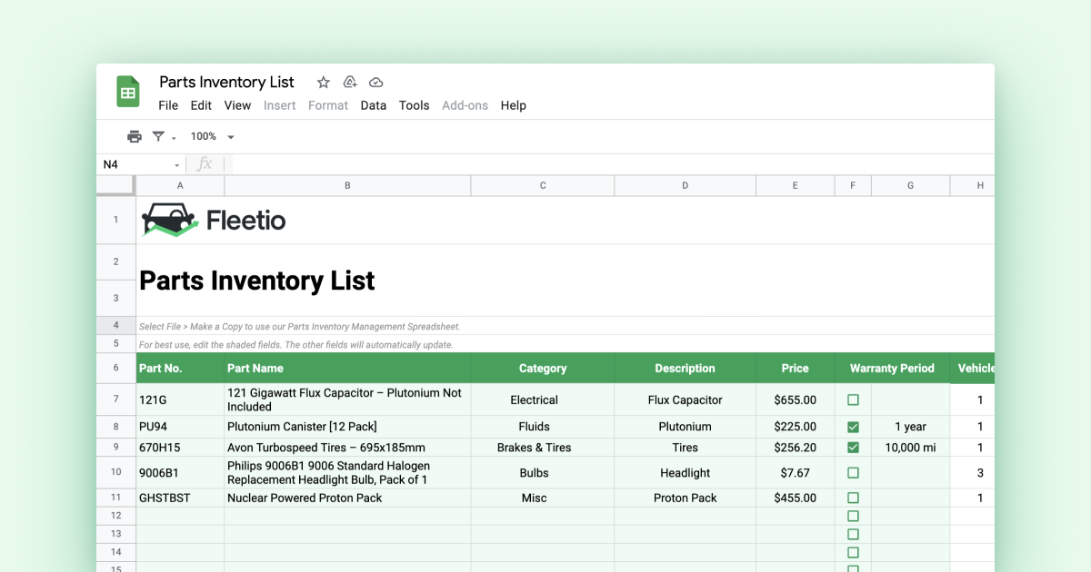 Parts Inventory Spreadsheet
