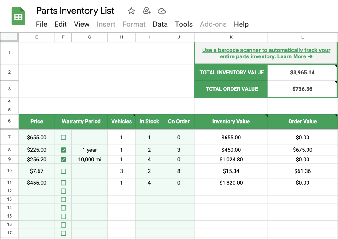 Example of parts cost on parts inventory spreadsheet