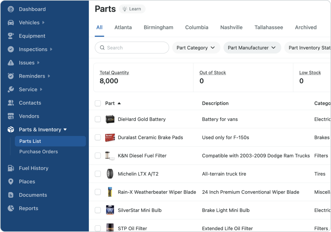 Parts spreadsheet product image