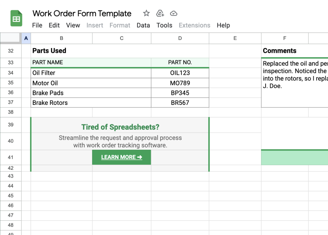 Example of parts used on work order form spreadsheet
